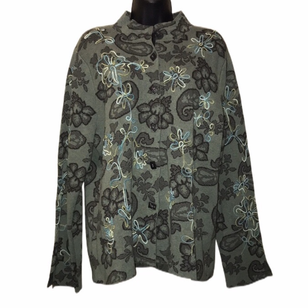 Sigrid Olsen Olive Green Floral Embroidered Cardigan